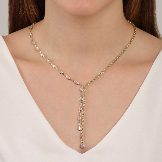 GR-02149 COLAR BANHADO A OURO 18K GRAVATA COM ZIRCÔNIAS EM GOTAS E CORDÃO BAIANO