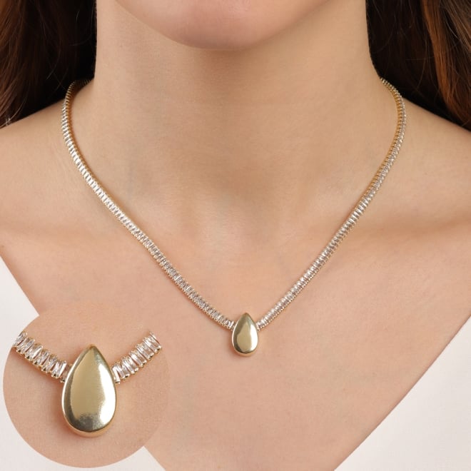 GR-02183 COLAR BANHADO A OURO 18K RIVIERA EM ZIRCÔNIAS BAGUETE E PINGENTE DE GOTA LISA