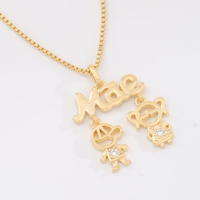 GR-02389 COLAR BANHADO A OURO 18K COM PINGENTE MÃE DE MENINA E MENINO
