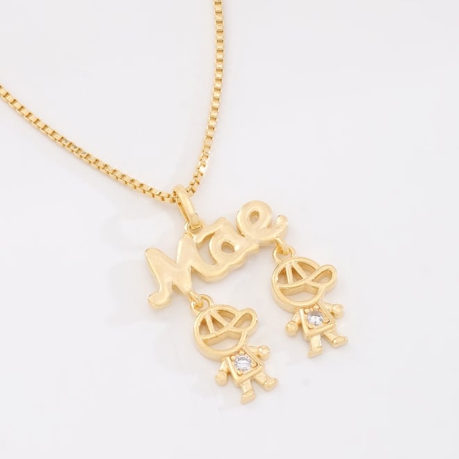 GR-02390 COLAR BANHADO A OURO 18K COM PINGENTE MÃE E DOIS MENINOS