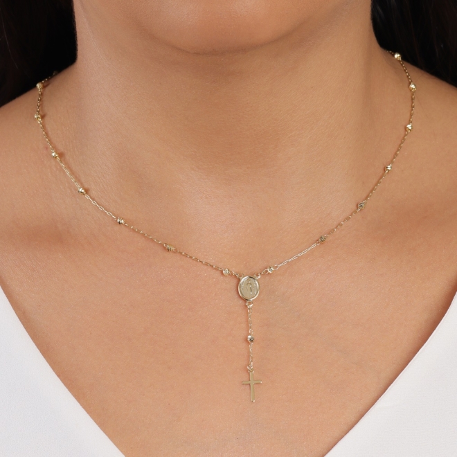 GR-02539 COLAR TERÇO BANHADO A OURO 18K COM PINGENTE DE NOSSA SENHORA DAS GRAÇAS E CRUZ