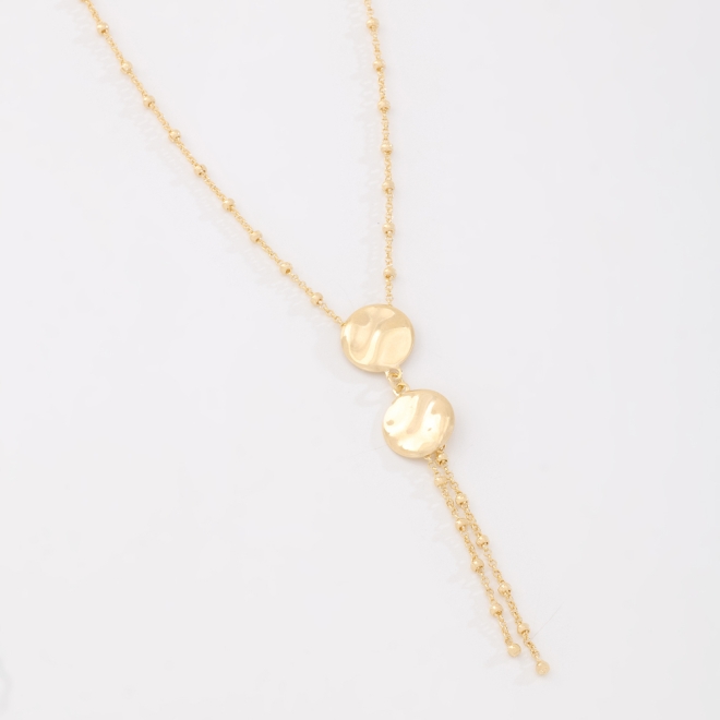 GR-03018 COLAR BANHADO A OURO 18K COM CORRENTE DELICADA E DETALHES EM ESFERAS, COM PINGENTES EM FORMATO ORGÂNICO