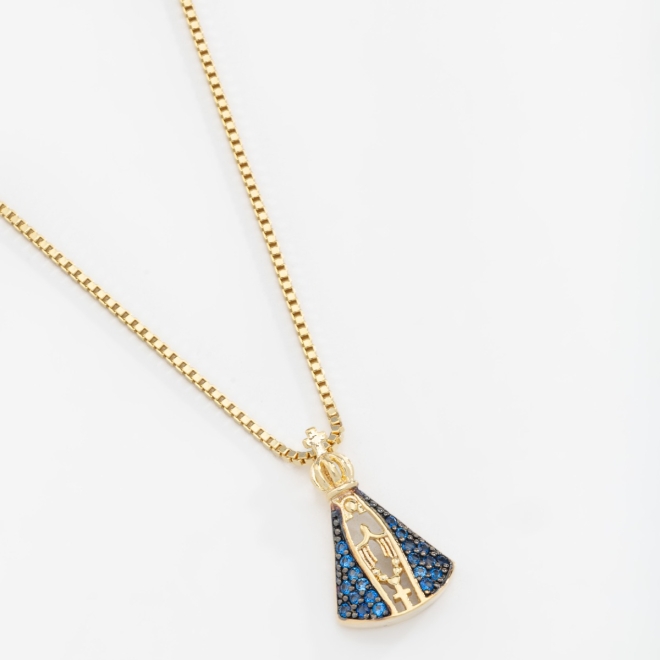 GRN-00371 COLAR BANHADO A OURO 18K COM PINGENTE DE NOSSA SENHORA APARECIDA CRAVEJADO