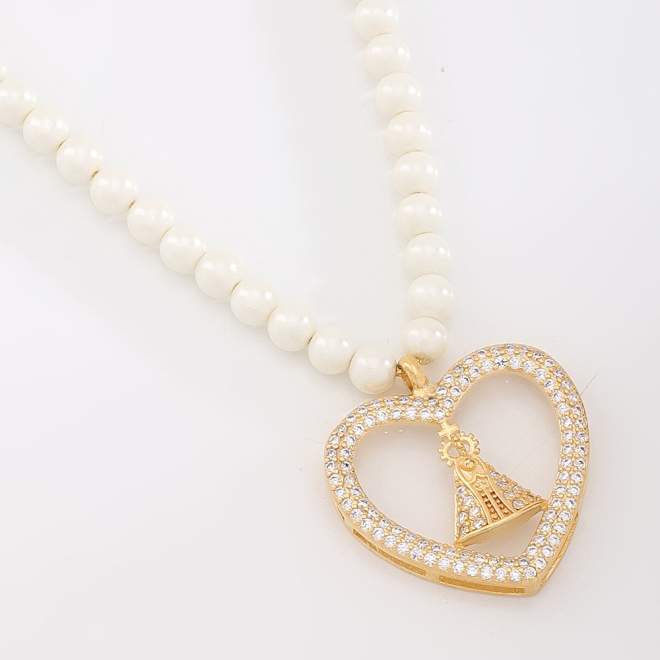 GX-0033 COLAR PÉROLA CORAÇÃO DE NOSSA SENHORA 40CM