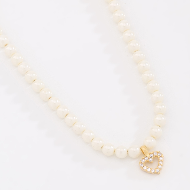 GX-0048 COLAR BANHADO A OURO 18K COM PÉROLAS E PINGENTE DE CORAÇÃO CRAVEJADO