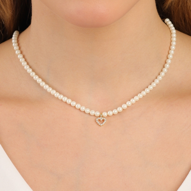 GX-0048 COLAR BANHADO A OURO 18K COM PÉROLAS E PINGENTE DE CORAÇÃO CRAVEJADO