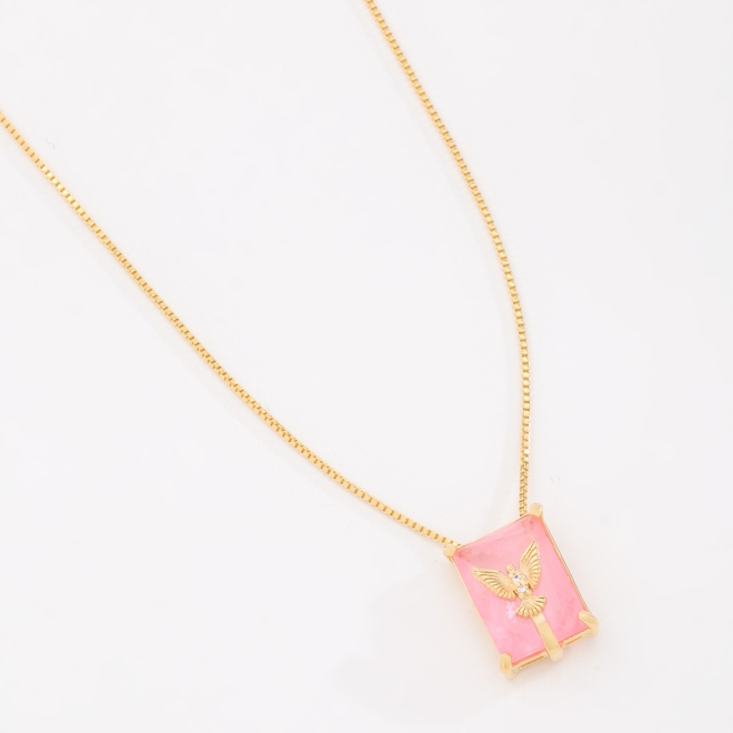 GX-0122 COLAR BANHADO A OURO 18K COM PINGENTE RETANGULAR E ESPIRÍTO SANTO CRAVEJADO