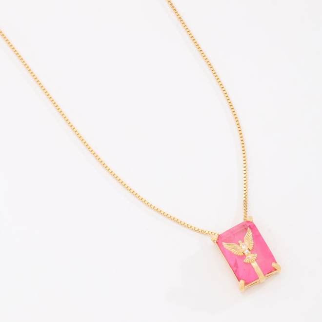 GX-0122 COLAR BANHADO A OURO 18K COM PINGENTE RETANGULAR E ESPIRÍTO SANTO CRAVEJADO