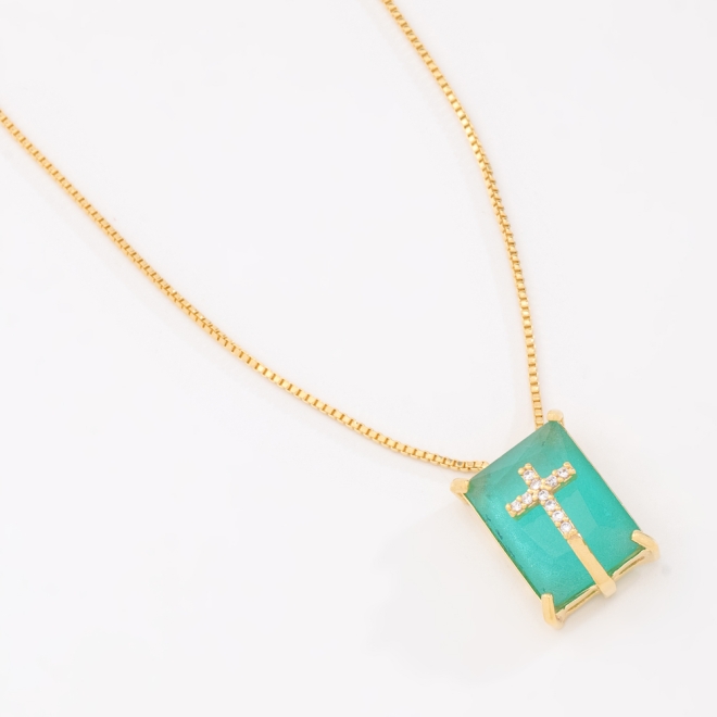 GX-0123 COLAR BANHADO A OURO 18K RETANGULAR E DETALHE DE CRUZ EM ZIRCÔNIA