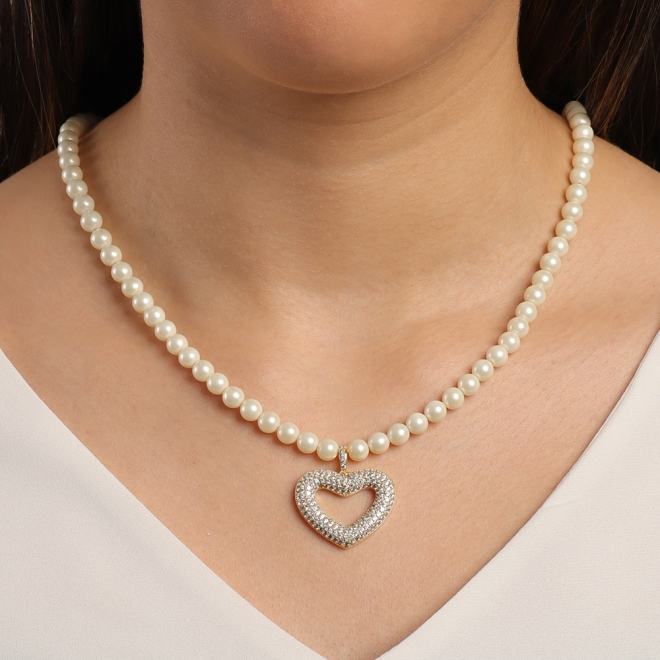 GX-0303 COLAR BANHADO A OURO 18K COM PÉROLAS E PINGENTE DE CORAÇÃO 