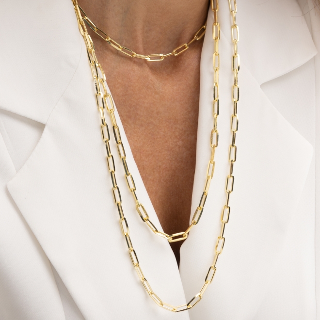 CH-0155 CHOKER BANHADA A OURO 18K COM ELO CARTIER ALONGADO 