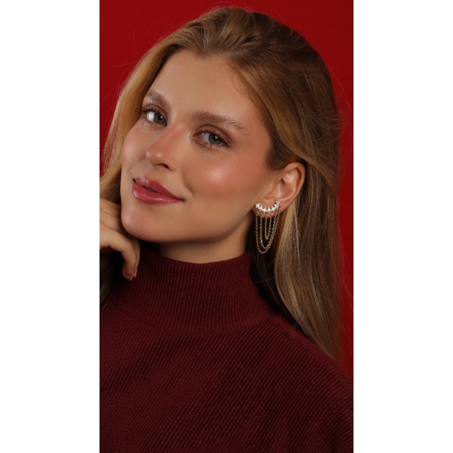 BR-03172 BRINCO BANHADO A OURO 18K COM DESIGN EAR CUFF EM ZIRCÔNIAS E CORRENTES MÚLTIPLAS