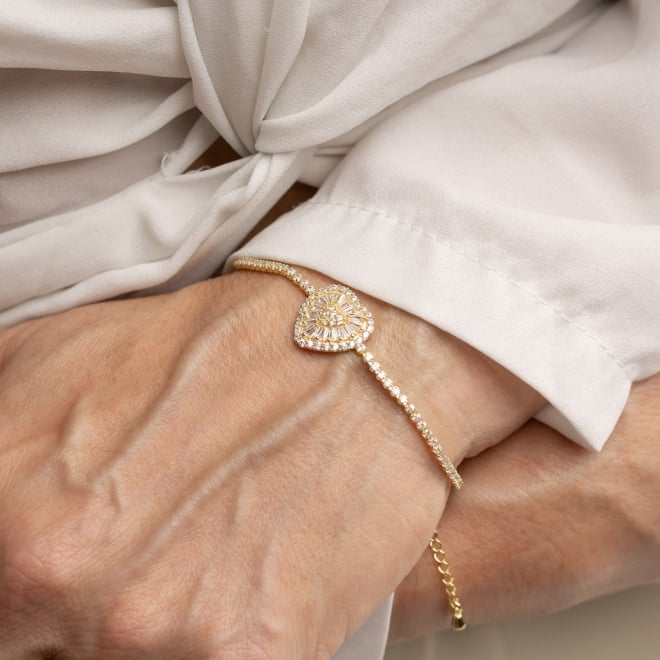 PX-0125 PULSEIRA BANHADA A OURO 18K COM CORRENTE CRAVEJADA EM ZIRCÔNIAS DE CORAÇÃO