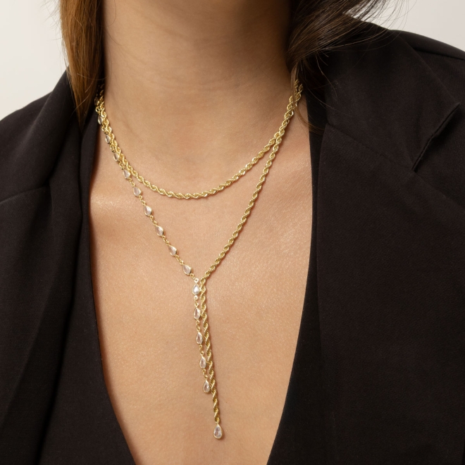 GR-02149 COLAR BANHADO A OURO 18K GRAVATA COM ZIRCÔNIAS EM GOTAS E CORDÃO BAIANO