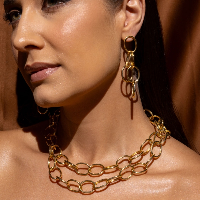 GR-00557 COLAR BANHADO A OURO 18K COM CORRENTE DE ELOS GRANDES E DESIGN MODERNO