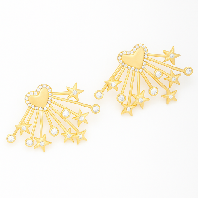 OUTB-00209 BRINCO BANHADO A OURO 18K COM DESIGN DE CORAÇÃO E DETALHES EM ESTRELAS CRAVEJADAS