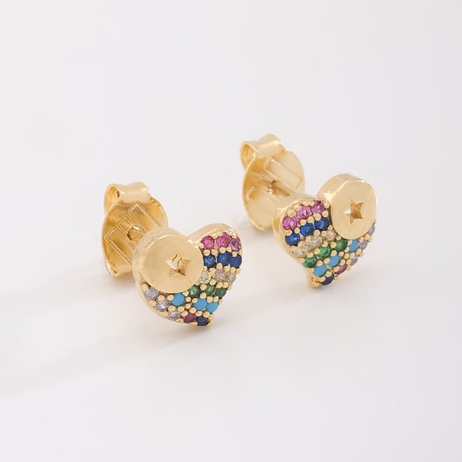 OUTB-16491-BRINCO DE CORAÇÃO COM ZIRCÔNIAS COLORIDAS E DETALHE DE ESTRELA