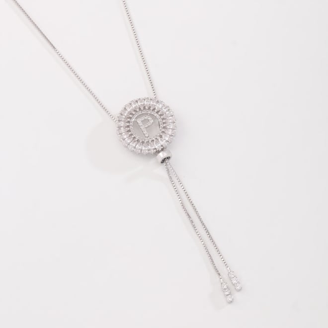 OUTGB-2517 COLAR AJUSTÁVEL FOLHEADO A RÓDIO BRANCO COM LETRA CRAVEJADA EM ZIRCÔNIAS E DETALHE EM GOTA