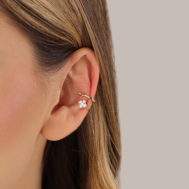 PC-00072 PIERCING DUPLO BANHADO A OURO 18K COM DESIGN LISO E OUTRO CRAVEJADO COM DETALHE EM FLOR