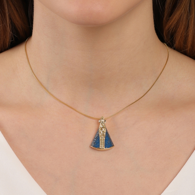 PGN-00168 PINGENTE COM IMAGEM DE NOSSA SENHORA APARECIDA EM ZIRCÔNIAS AZUIS