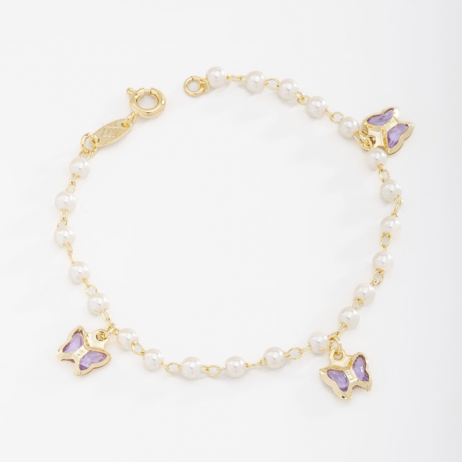 PI-00054 PULSEIRA INFANTIL COM PÉROLAS E PINGENTES DE BORBOLETA