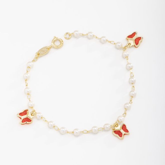 PI-00054 PULSEIRA INFANTIL COM PÉROLAS E PINGENTES DE BORBOLETA