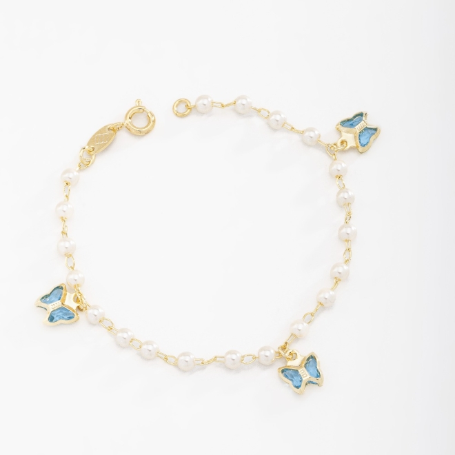 PI-00054 PULSEIRA INFANTIL COM PÉROLAS E PINGENTES DE BORBOLETA