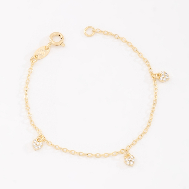 PI-00073 PULSEIRA INFANTIL BANHADA A OURO 18K COM PINGENTES DE CORAÇÃO CRAVEJADOS EM ZIRCÔNIA