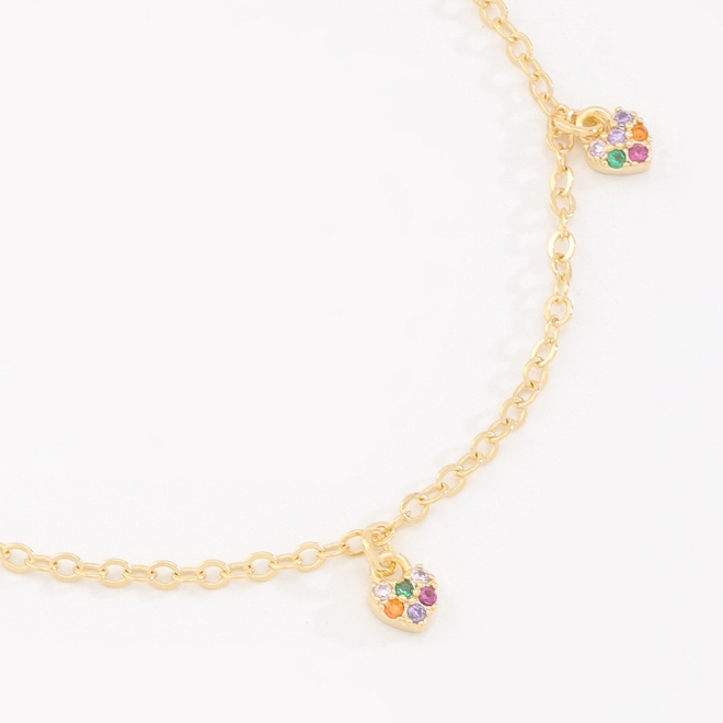 PI-00073 PULSEIRA INFANTIL BANHADA A OURO 18K COM PINGENTES DE CORAÇÃO CRAVEJADOS EM ZIRCÔNIA
