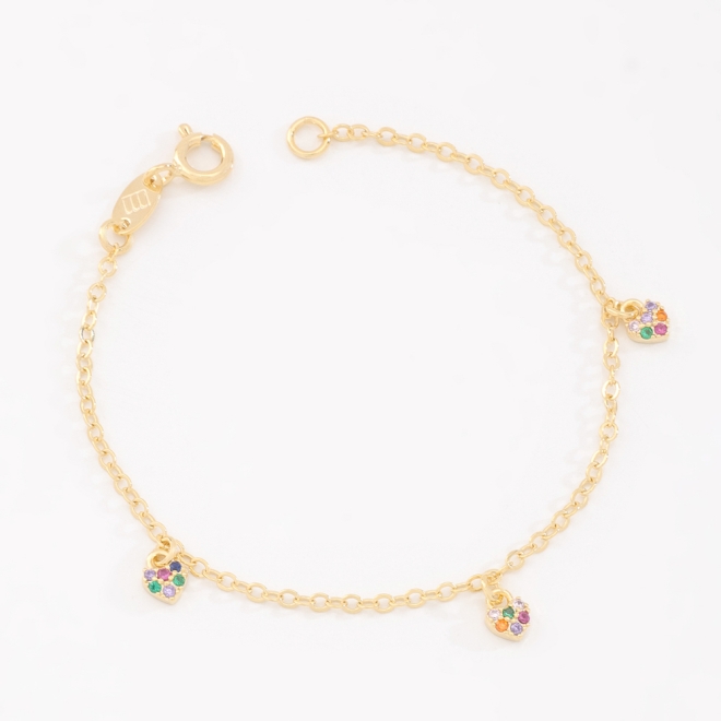 PI-00073 PULSEIRA INFANTIL BANHADA A OURO 18K COM PINGENTES DE CORAÇÃO CRAVEJADOS EM ZIRCÔNIA