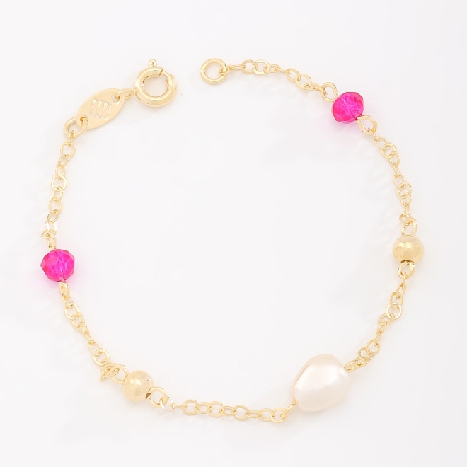 PI-00094 PULSEIRA INFANTIL BANHADA A OURO 18K COM DETALHES EM PÉROLA E PEDRAS COLORIDAS
