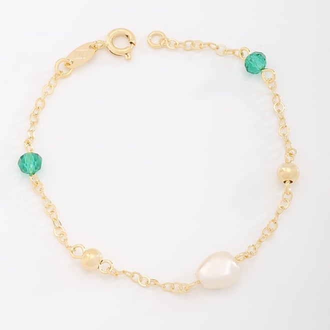 PI-00094 PULSEIRA INFANTIL BANHADA A OURO 18K COM DETALHES EM PÉROLA E PEDRAS COLORIDAS