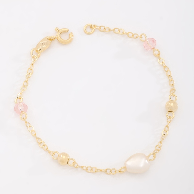 PI-00094 PULSEIRA INFANTIL BANHADA A OURO 18K COM DETALHES EM PÉROLA E PEDRAS COLORIDAS