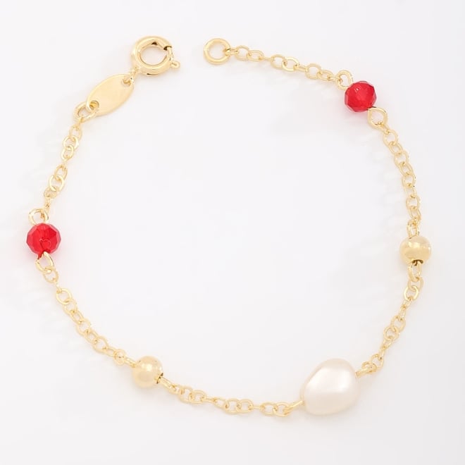 PI-00094 PULSEIRA INFANTIL BANHADA A OURO 18K COM DETALHES EM PÉROLA E PEDRAS COLORIDAS