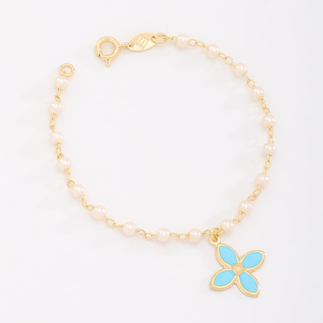 PI-00104 PULSEIRA COM DETALHES EM PÉROLAS E PINGENTE DE FLOR