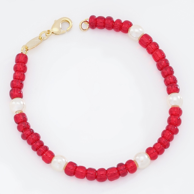 PI-00106 PULSEIRA INFANTIL COM MIÇANGAS VERMELHAS E DETALHES EM PÉROLAS