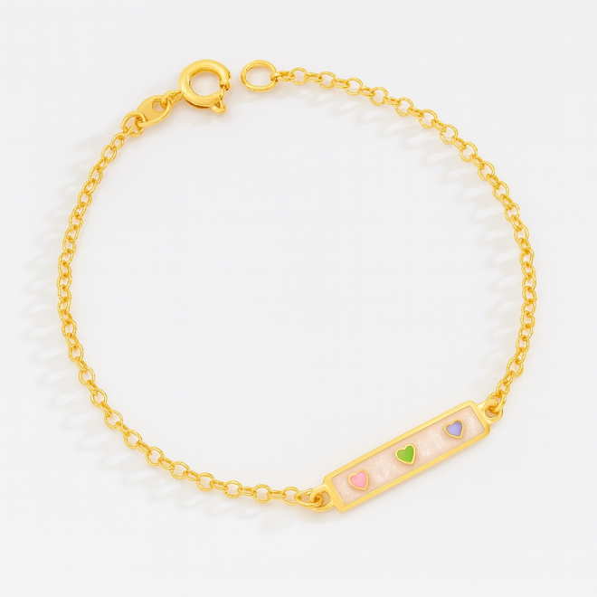 PI-00113 PULSEIRA INFANTIL BANHADA A OURO 18K DETALHE RETANGULAR E CORAÇÕES 