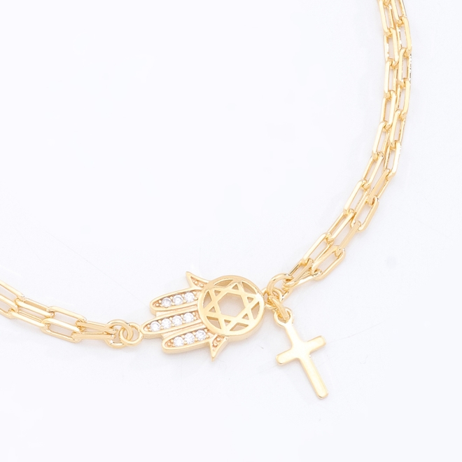 PU-00059-PULSEIRA DUPLA COM MÃO DE FÁTIMA E CRUZ