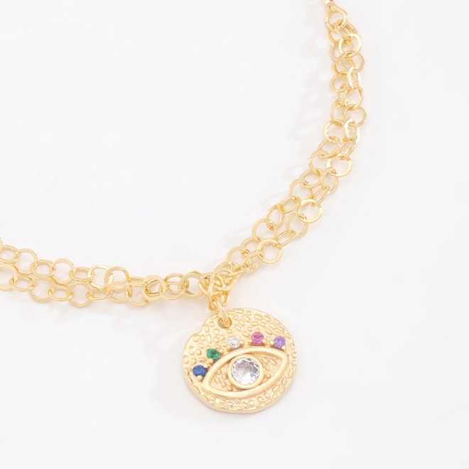PU-00064-PULSEIRA REGULÁVEL COM PINGENTE DE OLHO CRAVEJADO E ZIRCÔNIAS