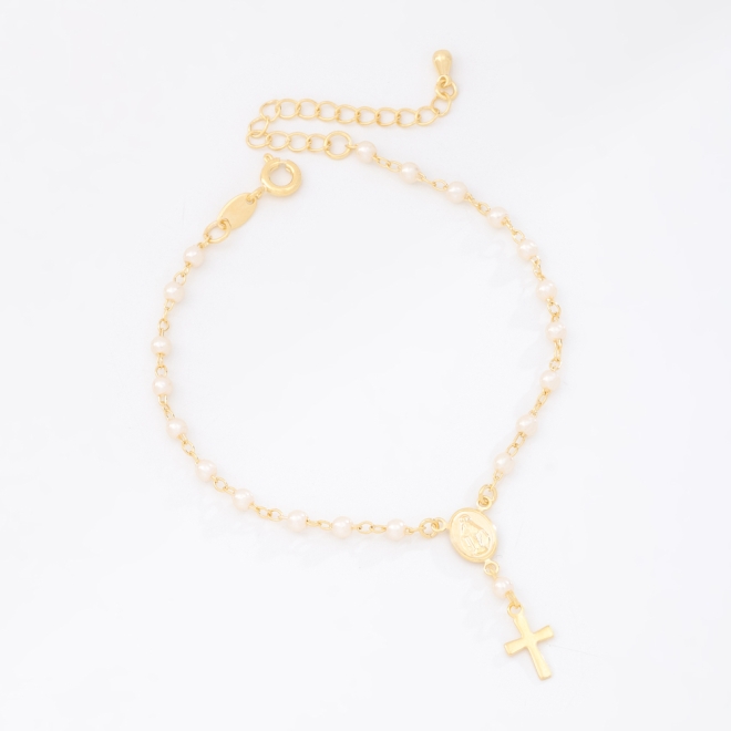 PU-00149 PULSEIRA COM DETALHES EM PÉROLAS E PINGENTE RELIGIOSO E CRUZ