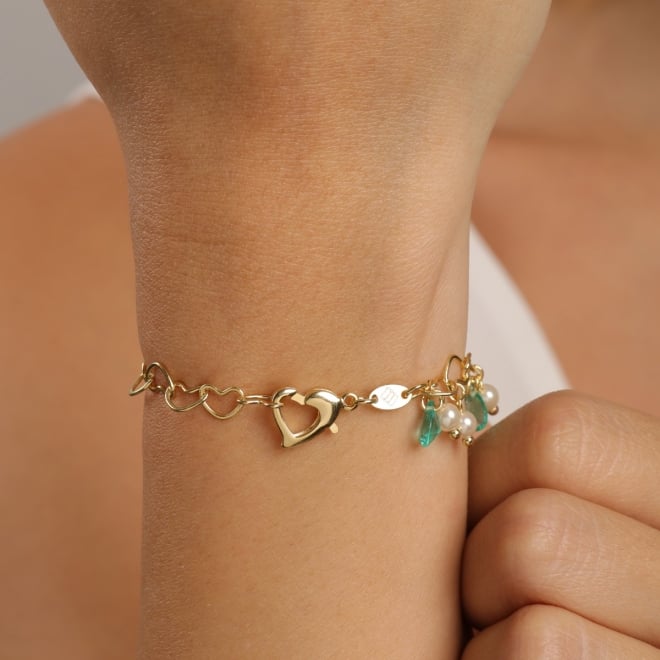 PU-00247 PULSEIRA ELOS EM CORAÇÃO E PINGENTES DE CRISTAIS GOTAS E DETALHES DE PÉROLAS