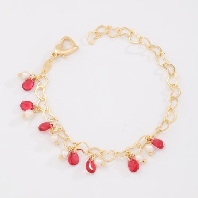PU-00247 PULSEIRA ELOS EM CORAÇÃO E PINGENTES DE CRISTAIS GOTAS E DETALHES DE PÉROLAS
