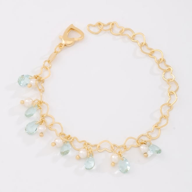 PU-00247 PULSEIRA ELOS EM CORAÇÃO E PINGENTES DE CRISTAIS GOTAS E DETALHES DE PÉROLAS