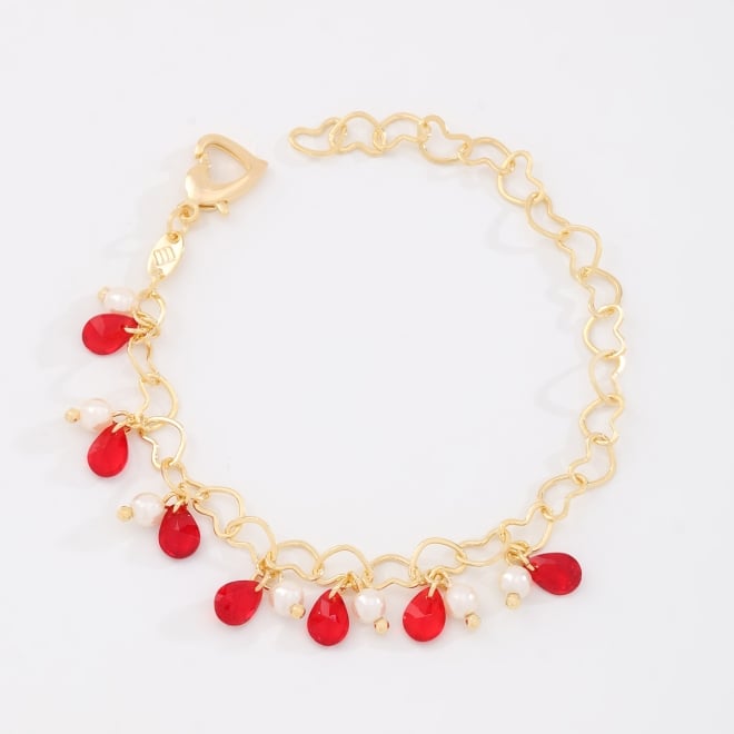 PU-00247 PULSEIRA ELOS EM CORAÇÃO E PINGENTES DE CRISTAIS GOTAS E DETALHES DE PÉROLAS