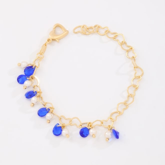 PU-00247 PULSEIRA ELOS EM CORAÇÃO E PINGENTES DE CRISTAIS GOTAS E DETALHES DE PÉROLAS