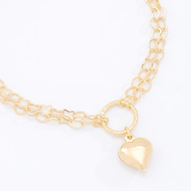 PU-00258-PULSEIRA DUPLA COM ELOS E PINGENTE DE CORAÇÃO