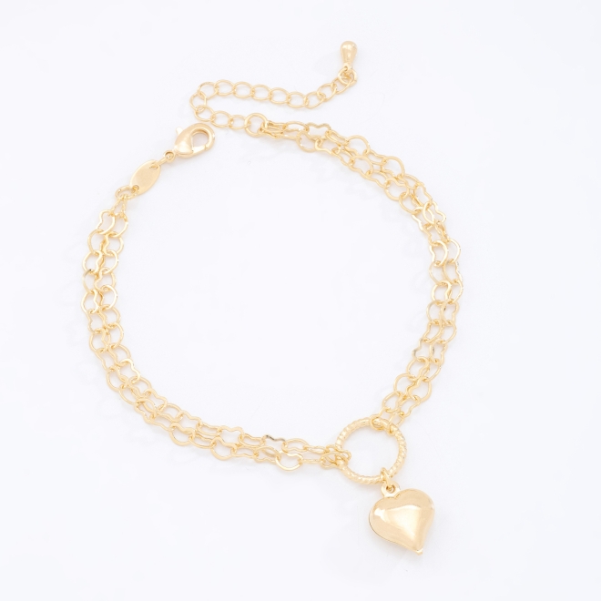 PU-00258-PULSEIRA DUPLA COM ELOS E PINGENTE DE CORAÇÃO