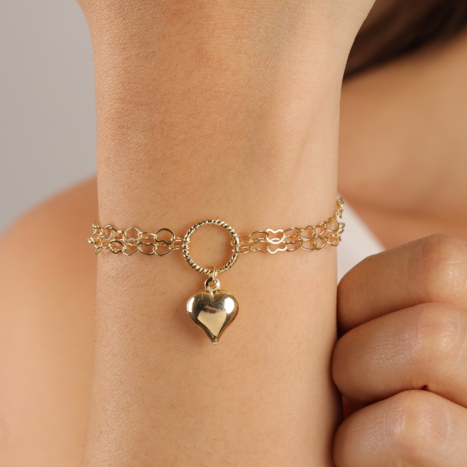 PU-00258-PULSEIRA DUPLA COM ELOS E PINGENTE DE CORAÇÃO