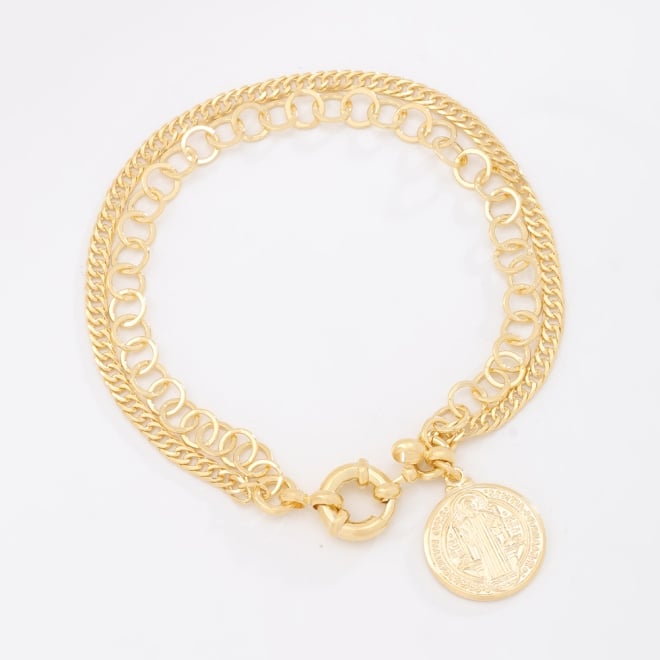 PU-00259-PULSEIRA DUPLA COM ELOS E MEDALHA DE SÃO BENTO
