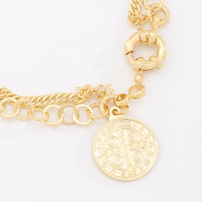 PU-00259-PULSEIRA DUPLA COM ELOS E MEDALHA DE SÃO BENTO
